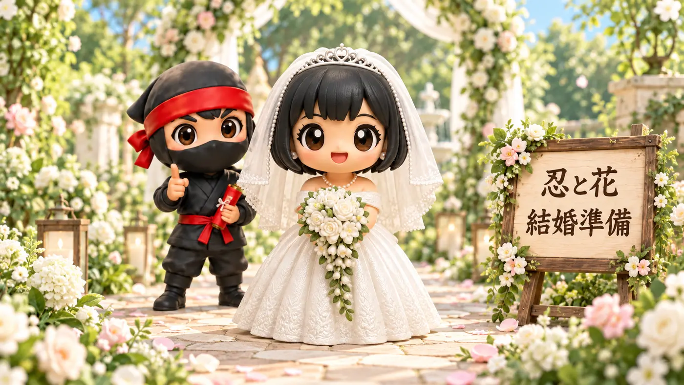 緑豊かな結婚式会場に立つ忍とウエディングドレス姿の花