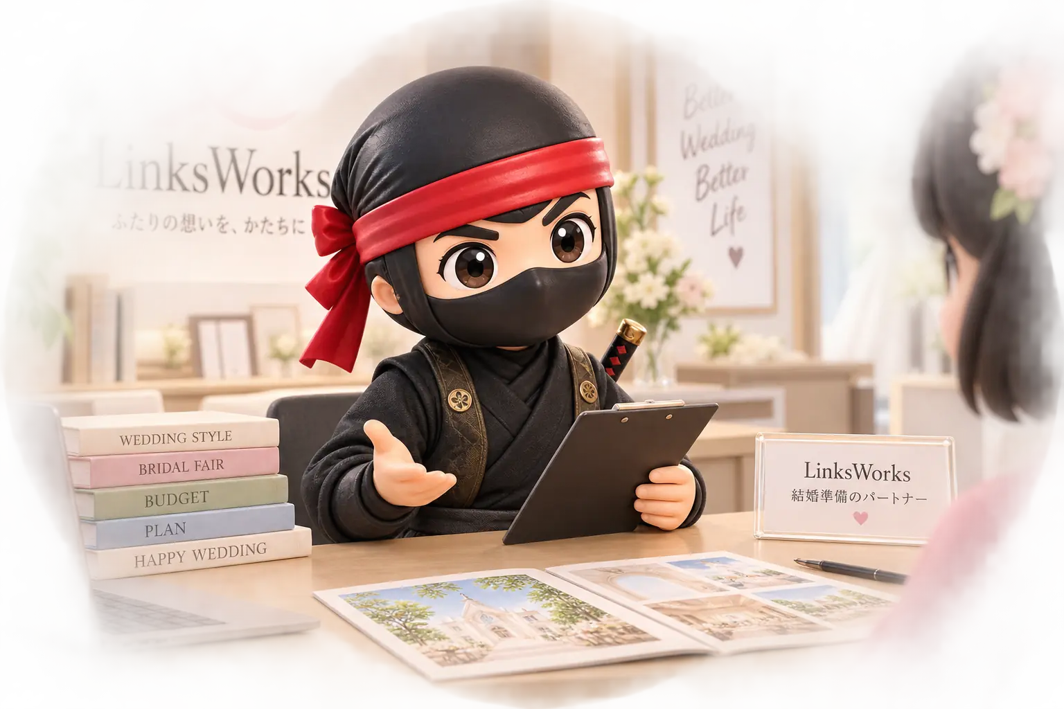 相談カウンターで案内する忍のイメージ