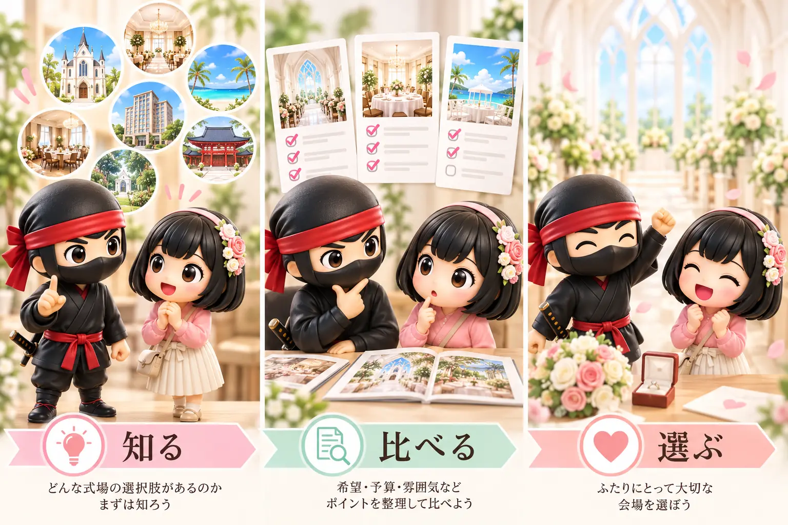 知る・比べる・選ぶを表した忍と花のイメージ