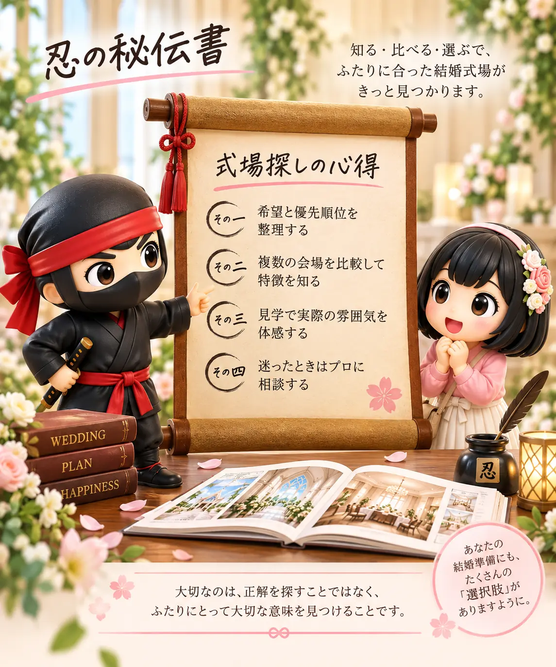 式場探しの秘伝書を示す忍と花